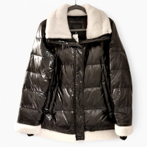 SANCTUARY Down Shearling Puffer High Shine Black Jacket Coat Sherpa Feather M - Picture 4 of 10